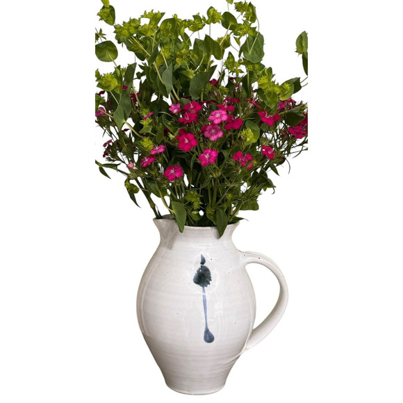 Studio Art Pottery Dimpled Floral Stoneware Pitcher Jug Signed Vase Cream/Blue - Picture 4 of 9